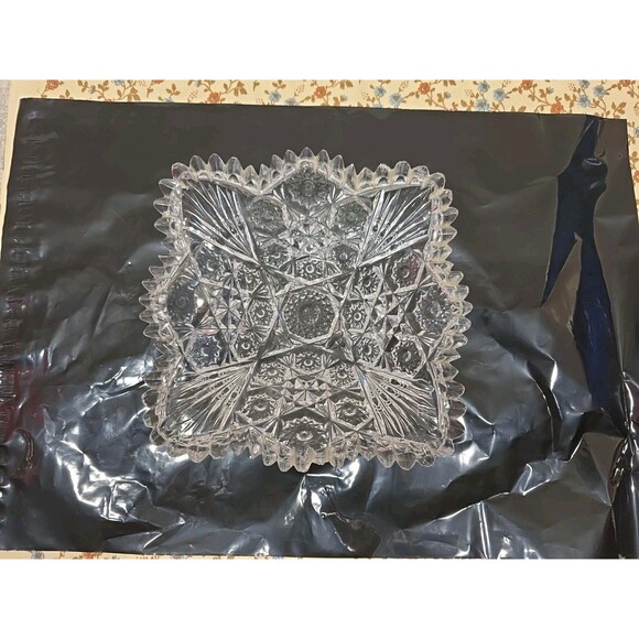 Square Early American‎ Pattern Glass Serving Bowl Hobstars & Stars w Fan Corners - Picture 1 of 6